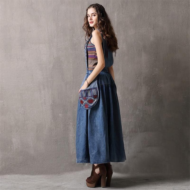 Elegant Embroidered Denim Overall Dress dylinoshop