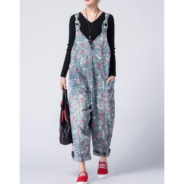 Oversized Denim Floral Print Overall Buddha Trends