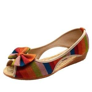 Rainbow Striped Peep Toe Linen Shoes Buddha Trends