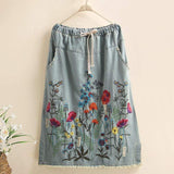 Floral Embroidered Denim Midi Skirt dylinoshop