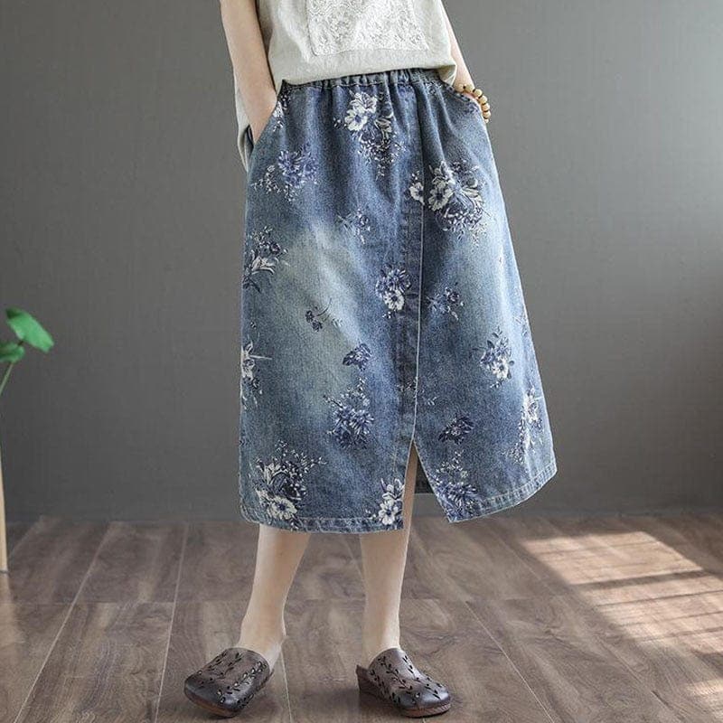 Floral Printed Denim Skirt dylinoshop