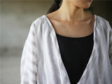 Striped V Neck Wrap Cotton Linen Shirt  | Zen Buddha Trends
