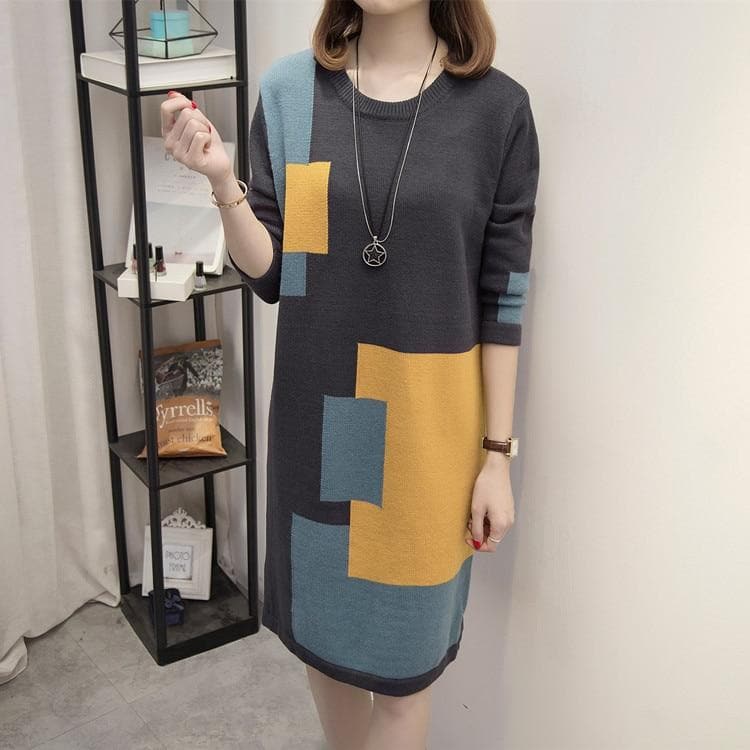 Geometric Plus Size Knitted Sweater Dress dylinoshop