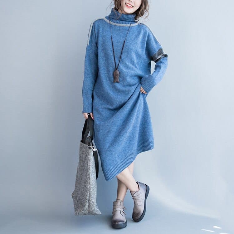 Oversized Blue Turtleneck Sweater Dress Buddha Trends
