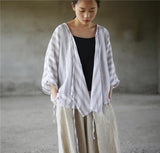 Striped V Neck Wrap Cotton Linen Shirt  | Zen Buddha Trends