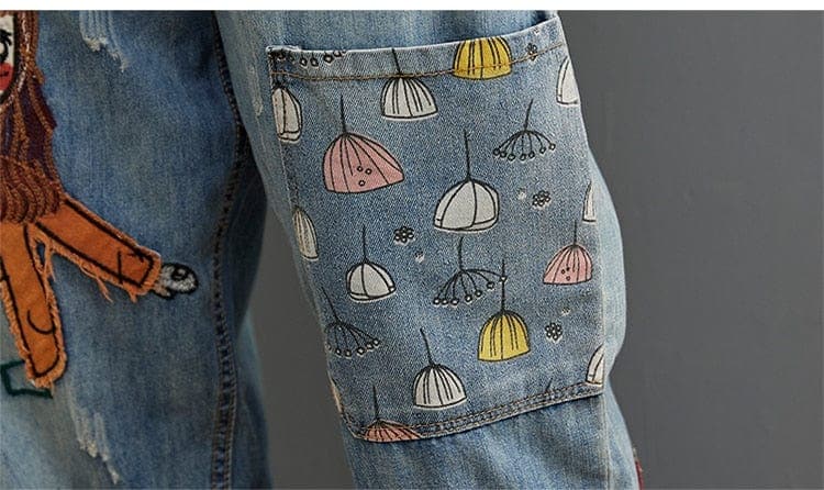 Cartoon Embroidered Patchwork Vintage Jeans dylinoshop