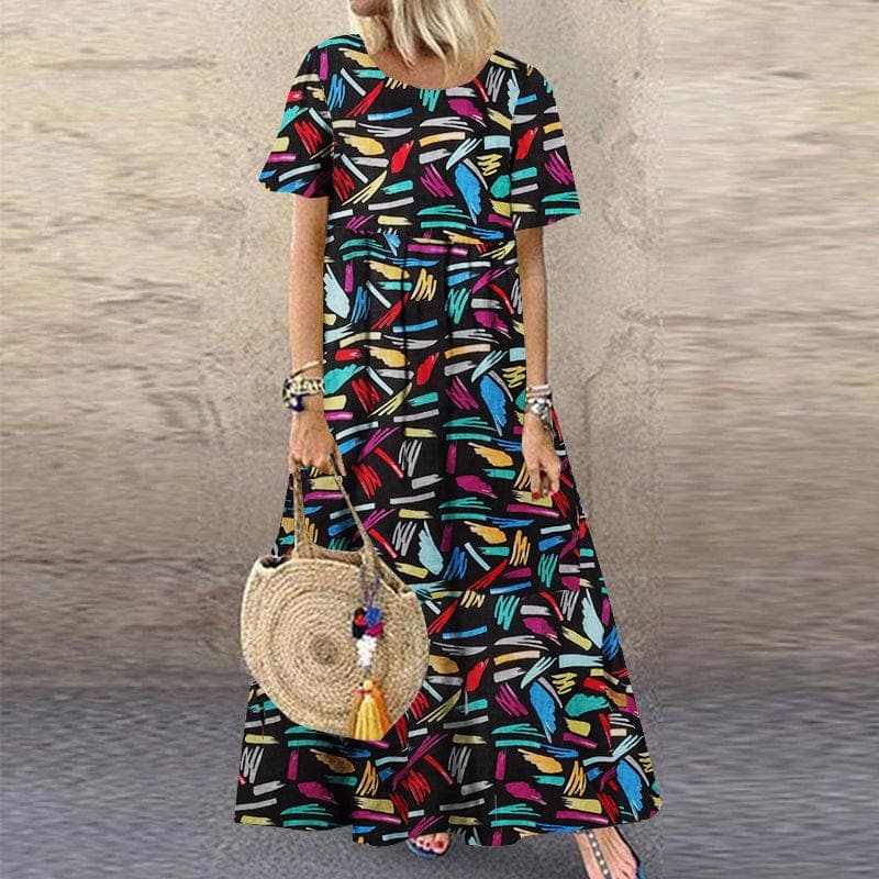 Abstract Short Sleeve Maxi Dress dylinoshop
