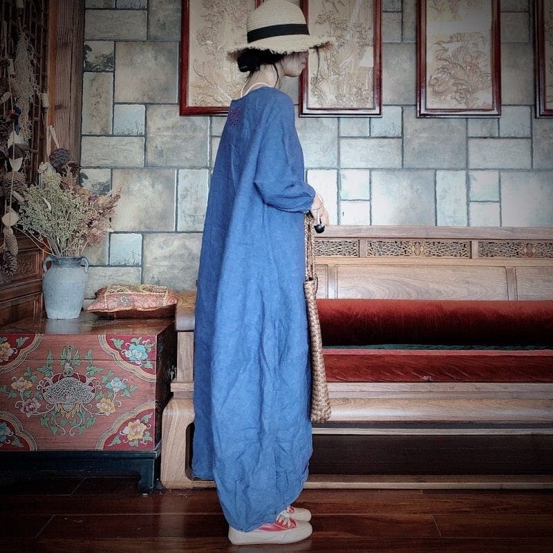 Cozy Blues Embroidered Linen Robe Buddhatrends