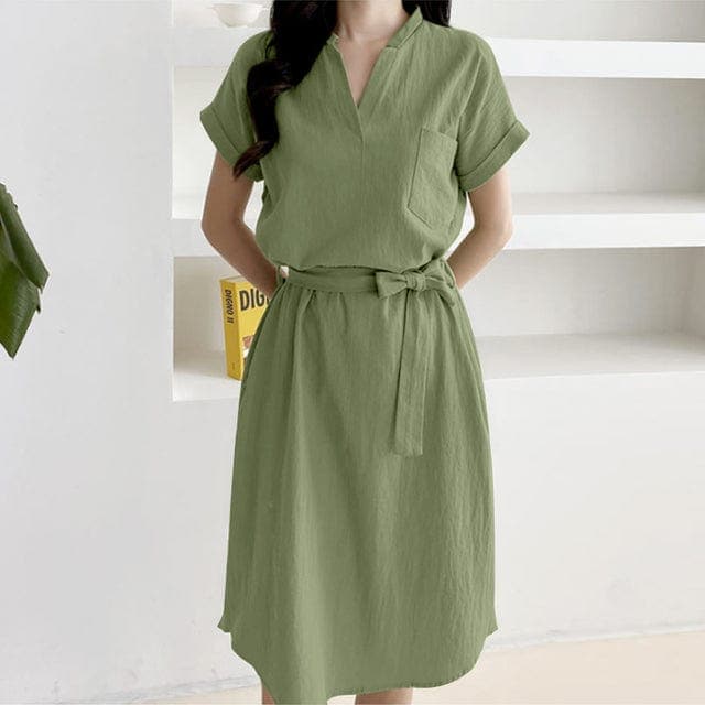 Elena Knee-length Belted Short Sleeve Dress Buddhatrends