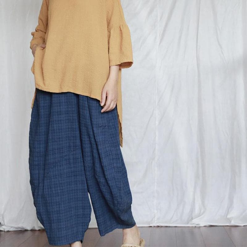 Blue Plaid Cotton Linen Pants | Lotus Buddhatrends