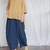 Blue Plaid Cotton Linen Pants | Lotus Buddhatrends