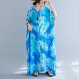 Blue Tie-Dye Floral Kaftan Dress Buddhatrends