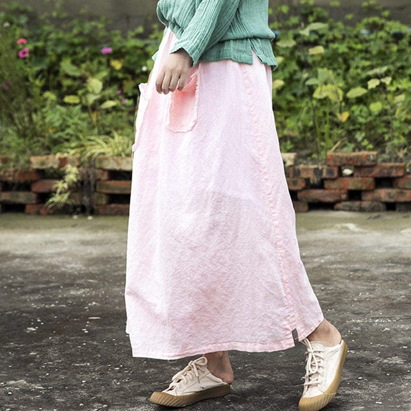 Soft Pink Linen Midi Skirt Buddhatrends