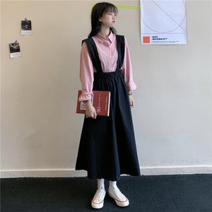 Solid Pleated Suspenders Skirt Buddhatrends