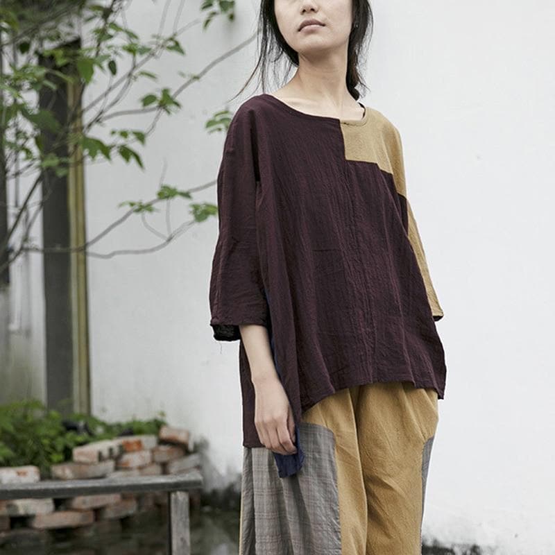 Loose Patchwork Cotton Linen T-Shirt | Lotus Buddhatrends