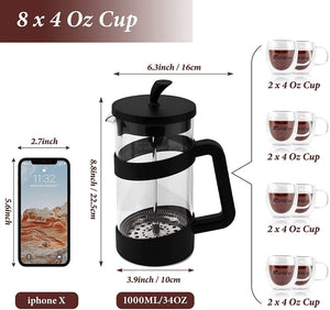 Large Portable French Press Glass Travel Camping Coffee Makers Pot 34 Oz dylinoshop