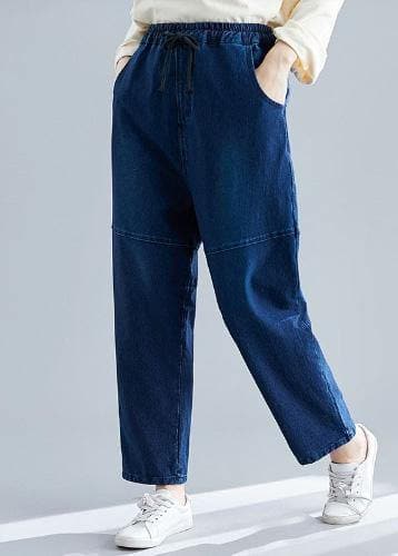 denim blue vintage women pants elastic waist patchwork trousers LPTS190830