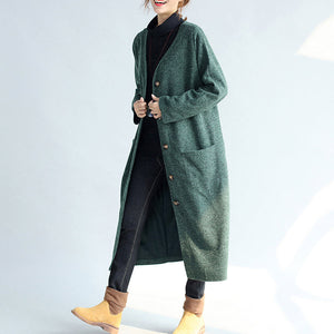 green vintage women long parka coat plus size v neck woolen trench long cardigans CTS171101