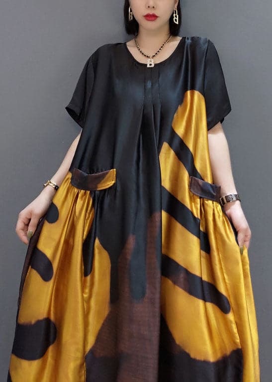 loose Yellow O-Neck Print Satin Maxi Dress Summer JDML-SDL220125