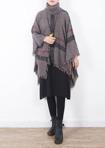 oversize dark gray tassel high neck sweater plaid women casual cloak AM-SCF191107