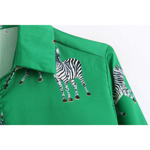 Women Satin Blouse Long Sleeve Zebra Print Shirts dylinoshop