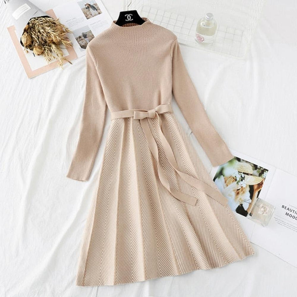 Women Collar A-line Knit Dress Thickened Arrow Striped Elegant Sashes Knitted Dress dylinoshop