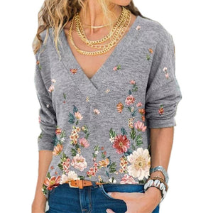 Women V-neck Flower Print Long-sleeved Casual Loose T-shirt dylinoshop