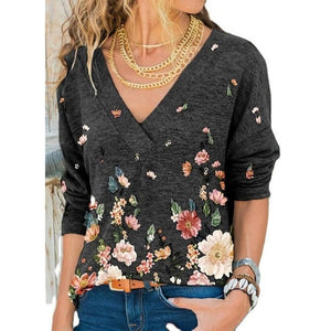 Women V-neck Flower Print Long-sleeved Casual Loose T-shirt dylinoshop