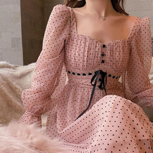 Women French Vintage Puffer Sleeve Midi Dress dylinoshop