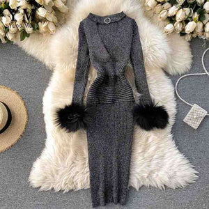 Women Shining Knitted Hollow Out V-neck Halter Bodycon Party Dress dylinoshop