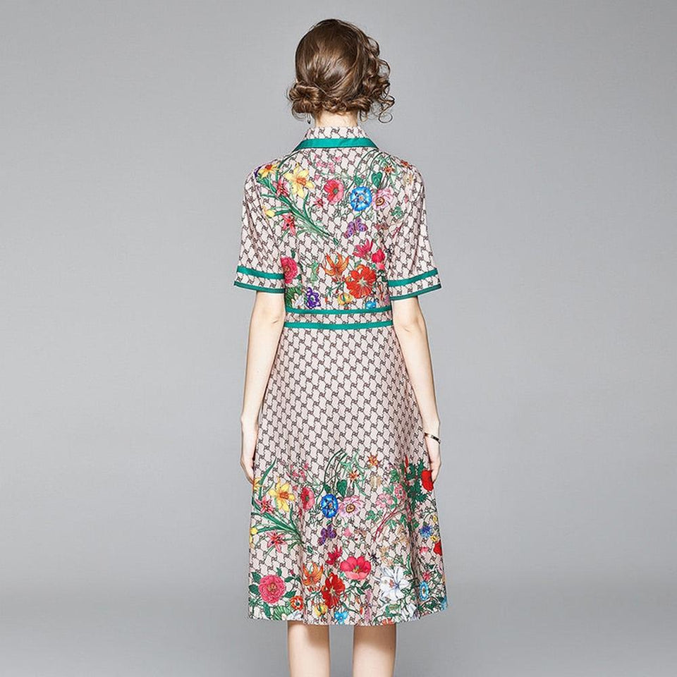 Women's Short Sleeve Turn Down Neck Bow Letter Floral Print Midi Dress dylinoshop
