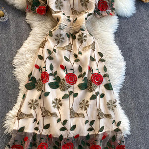Women French Retro Vestidos Waist Slimming Embroidered Flower Midi Dress dylinoshop