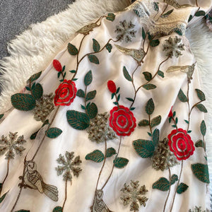 Women French Retro Vestidos Waist Slimming Embroidered Flower Midi Dress dylinoshop