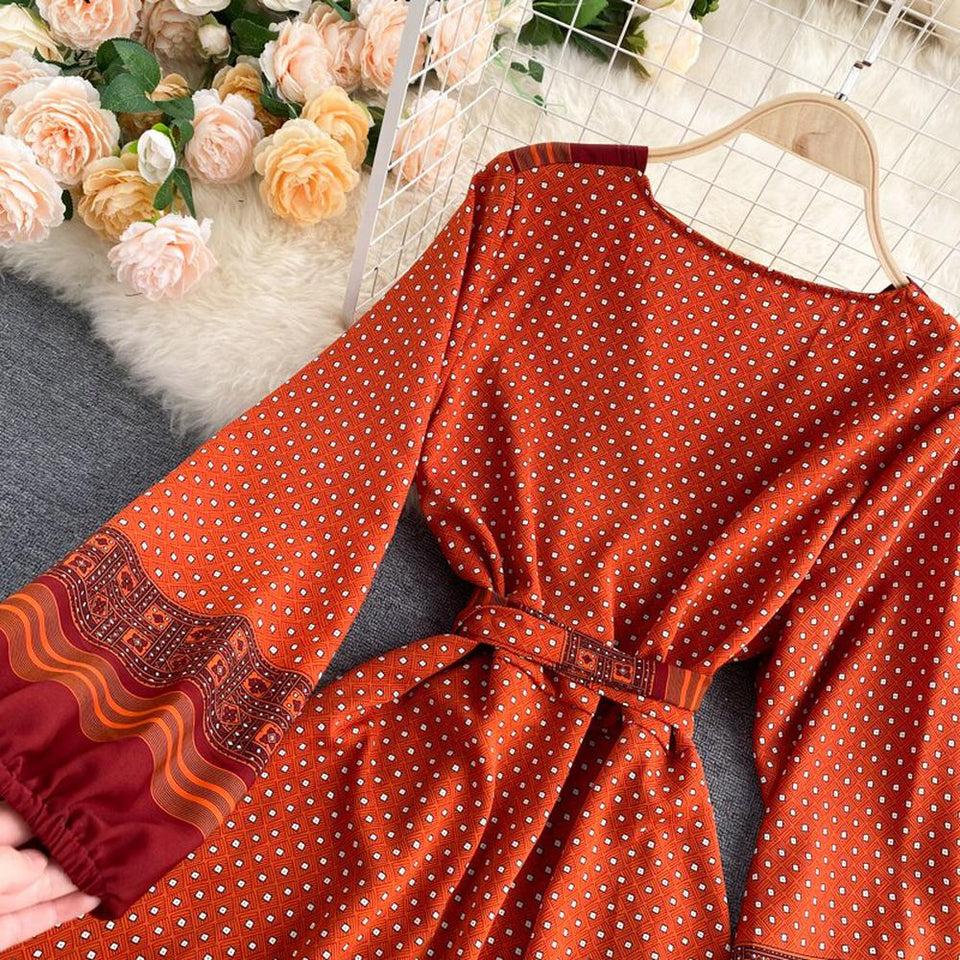 Women's Printed Vintage Puff Long Sleeve Dress dylinoshop