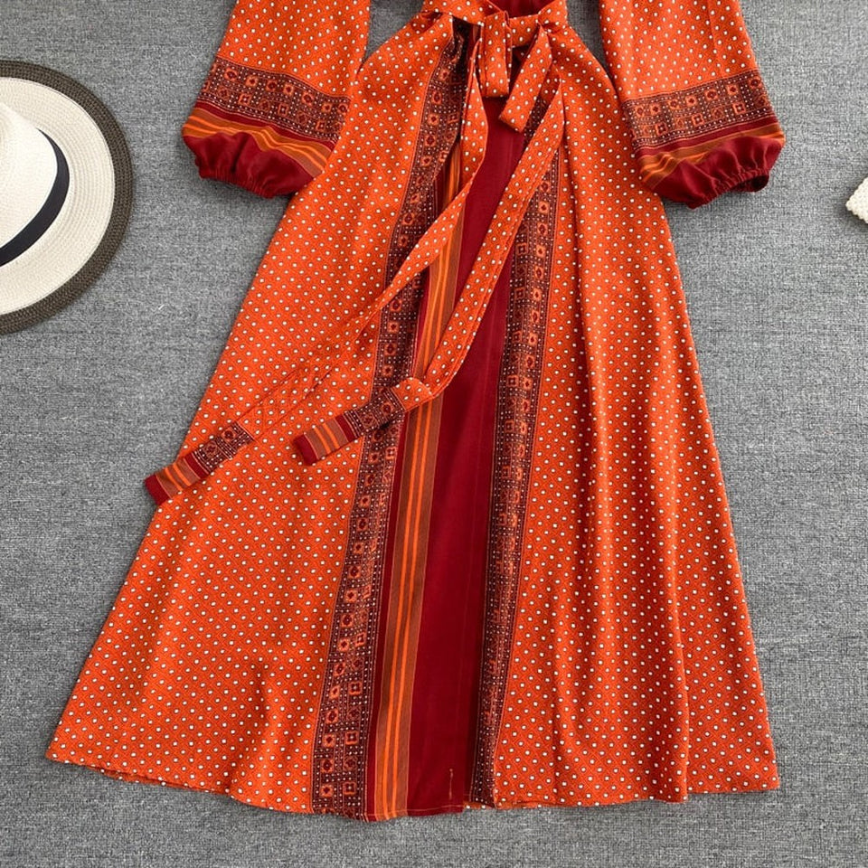 Women's Printed Vintage Puff Long Sleeve Dress dylinoshop