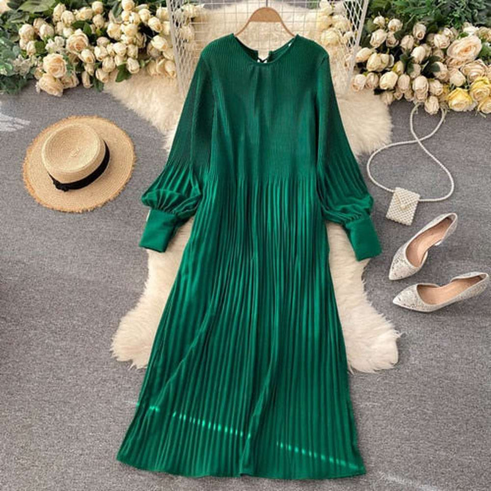 Women Vintage Pleated Chiffon Long Dress Casual Solid O-Neck Draped Robe dylinoshop