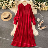 Women Vintage Pleated Chiffon Long Dress Casual Solid O-Neck Draped Robe dylinoshop