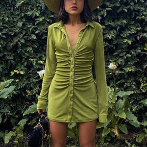 Women's Long Sleeve Ruched Bodycon Shirts Dress dylinoshop