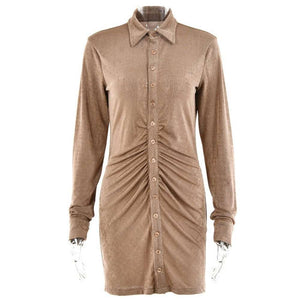 Women's Long Sleeve Ruched Bodycon Shirts Dress dylinoshop