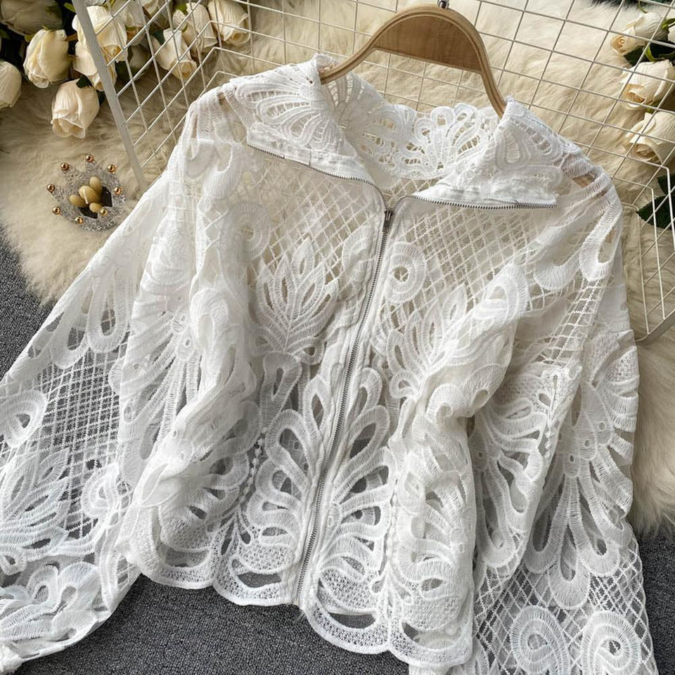 Women Lace Hollow Out Short Blouse Casual Lantern Long Sleeve Stand Collar Shirts dylinoshop