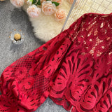 Women Lace Hollow Out Short Blouse Casual Lantern Long Sleeve Stand Collar Shirts dylinoshop