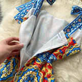 Women Retro Vestidos Print Bow Decoration Square Neck Strap Midi Dress dylinoshop