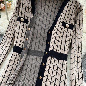 Women Buttons Retro Sweater Dress V-Neck Geometric Pattern Knitted Slim Sheath Bodycon Dress dylinoshop