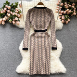Women Buttons Retro Sweater Dress V-Neck Geometric Pattern Knitted Slim Sheath Bodycon Dress dylinoshop