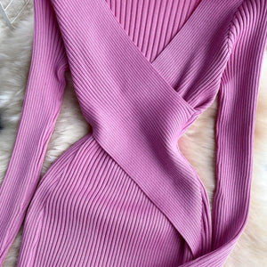 Women Office Elegant V-neck Cross Slim Waist Knitted Sweater Dress dylinoshop