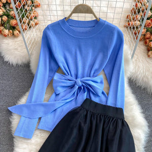 Women Blue Knit Tops Embroidery A-line Midi Skirt 2 Piece Sets dylinoshop