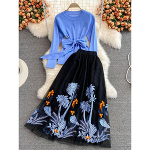 Women Blue Knit Tops Embroidery A-line Midi Skirt 2 Piece Sets dylinoshop