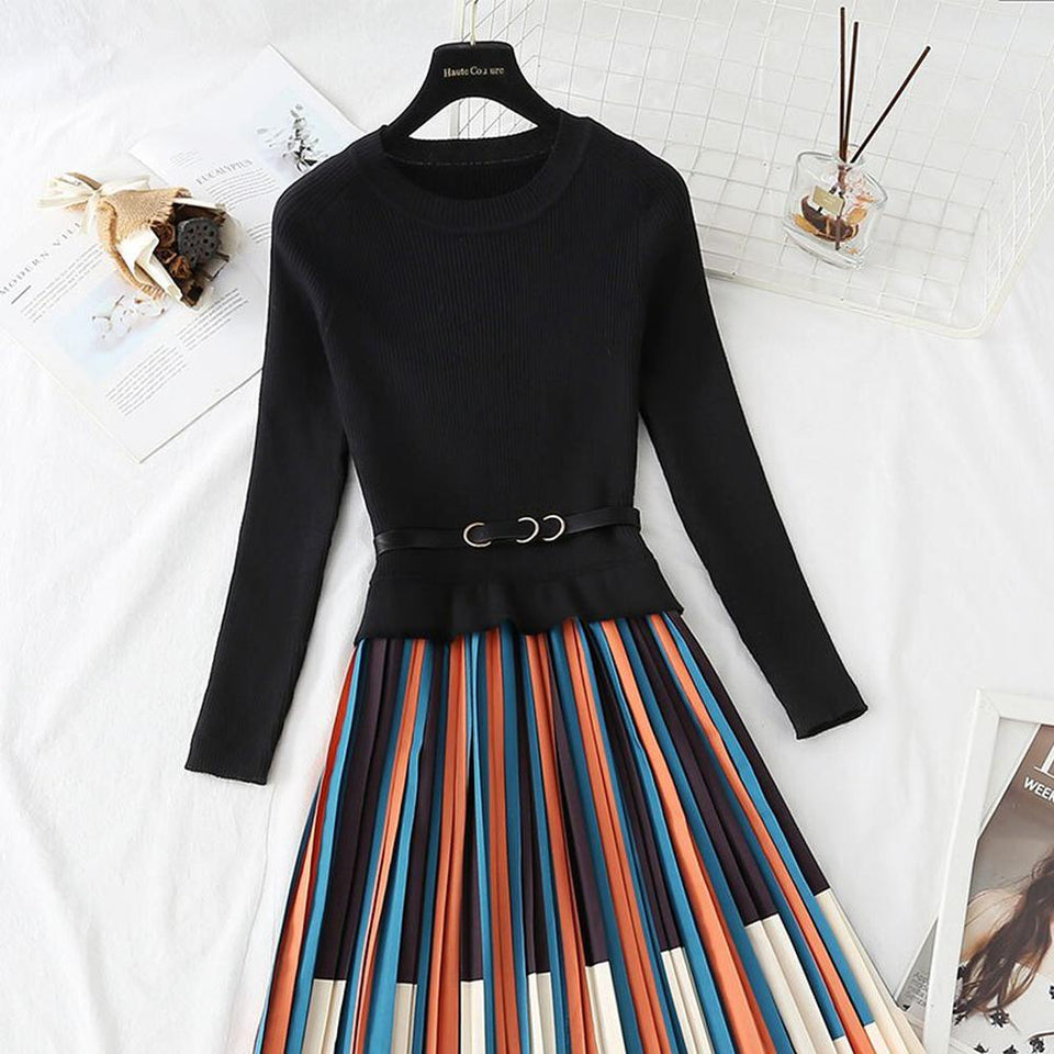 Women Elegant Striped Print Knitted Stitching Pleated Dress Thick Pullover Sweater dylinoshop