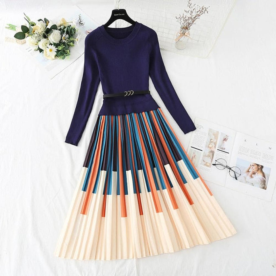 Women Elegant Striped Print Knitted Stitching Pleated Dress Thick Pullover Sweater dylinoshop