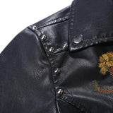 Women Flowers Embroidery Pu Leather Jacket Rivet Zipper Black Biker Coat dylinoshop